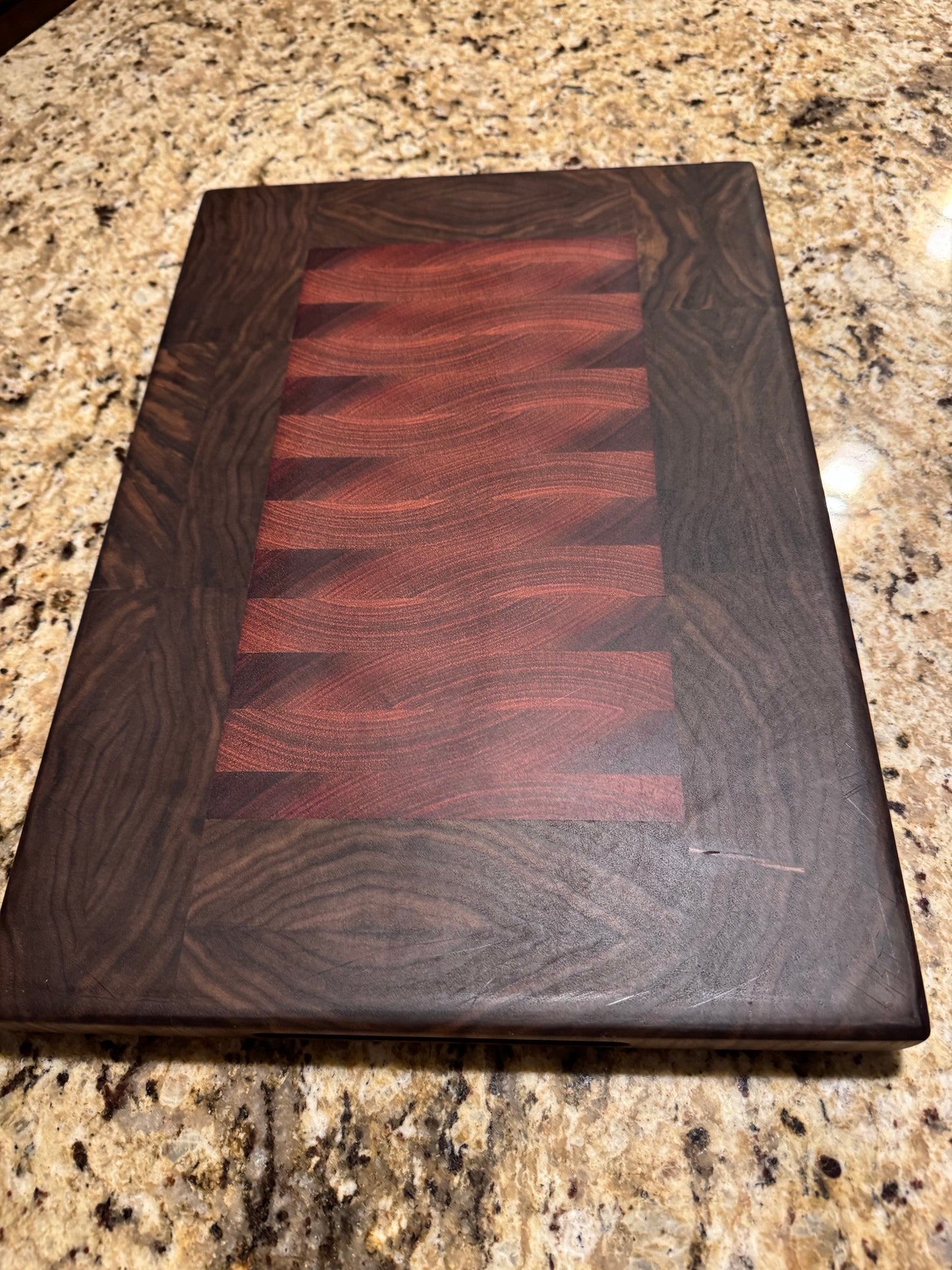 Premium American Walnut and center Red Sapele wood End Grain Cutting Board 1 1/4 thick Design #5