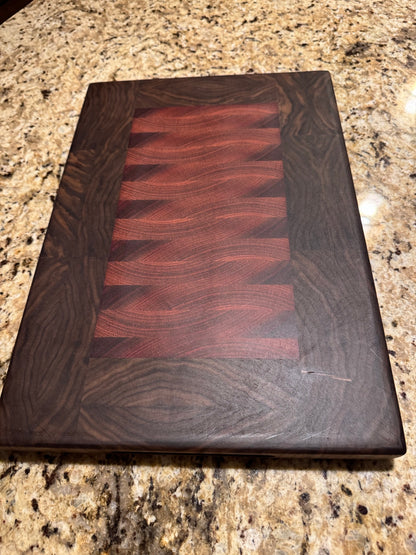 Premium American Walnut and center Red Sapele wood End Grain Cutting Board 1 1/4 thick Design #5