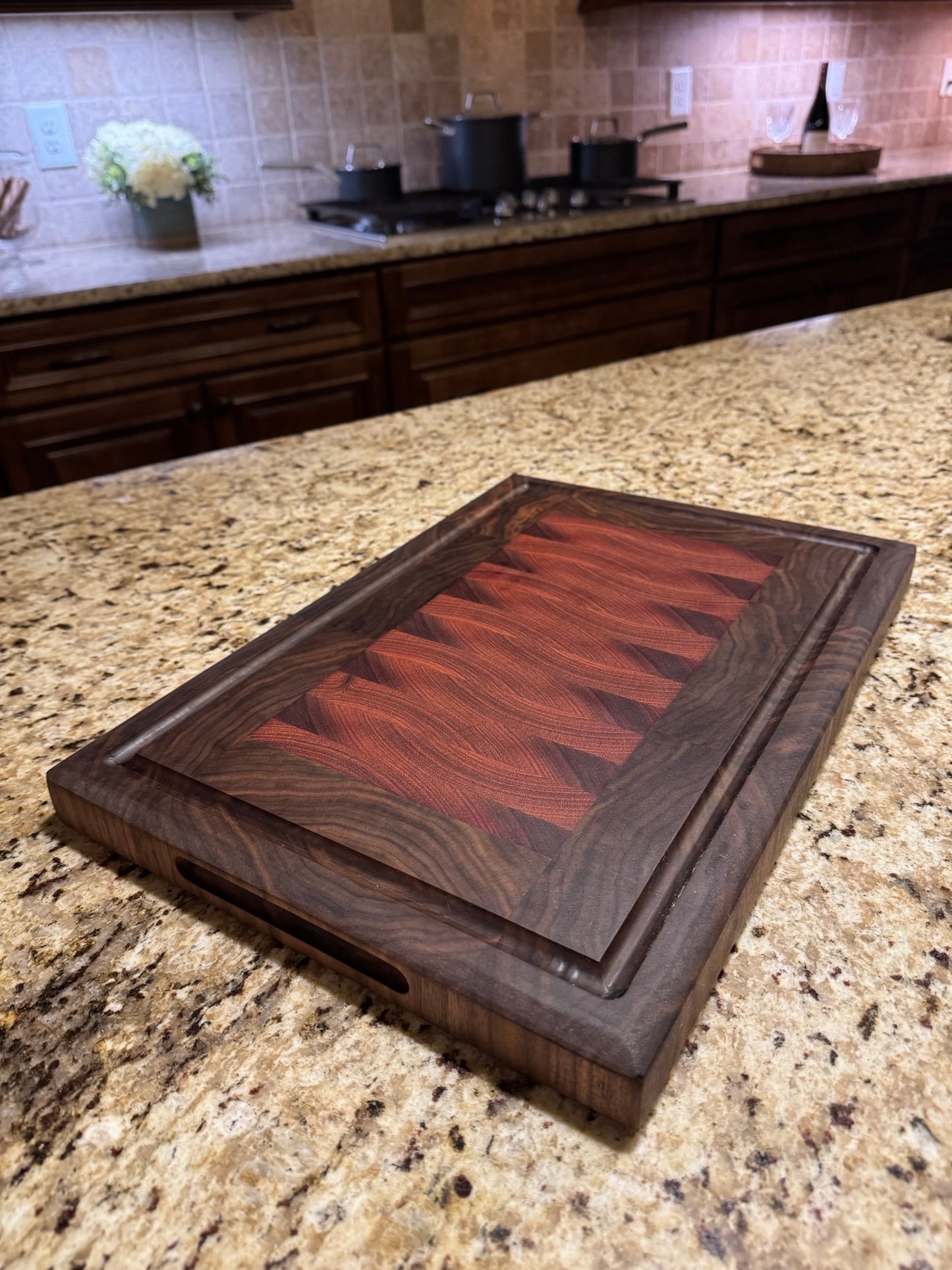 Premium American Walnut and center Red Sapele wood End Grain Cutting Board 1 1/4 thick Design #5