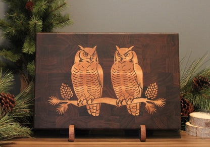 Great Horned Owls - Signature Walnut with Maple Inlay End-Grain Board