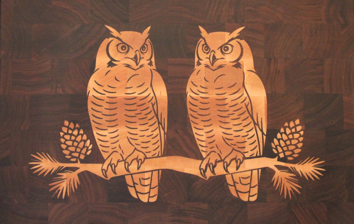 Great Horned Owls - Signature Walnut with Maple Inlay End-Grain Board