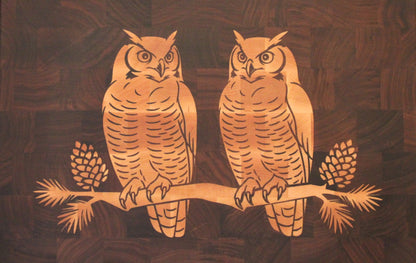 Great Horned Owls - Signature Walnut with Maple Inlay End-Grain Board