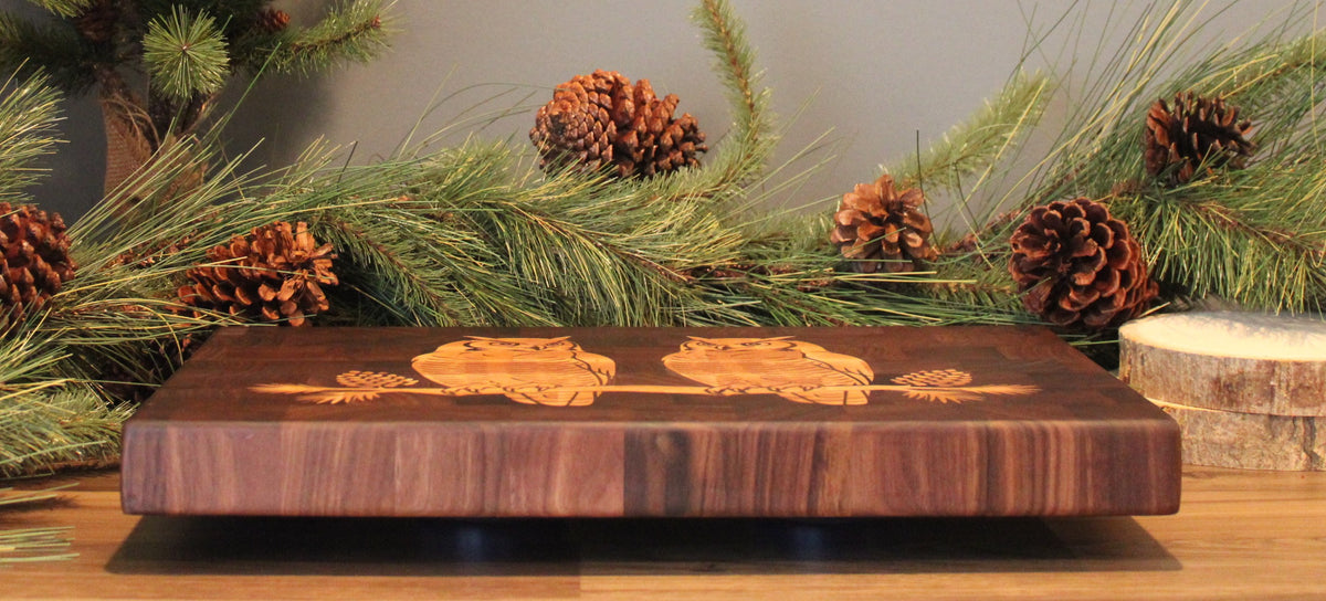 Great Horned Owls - Signature Walnut with Maple Inlay End-Grain Board