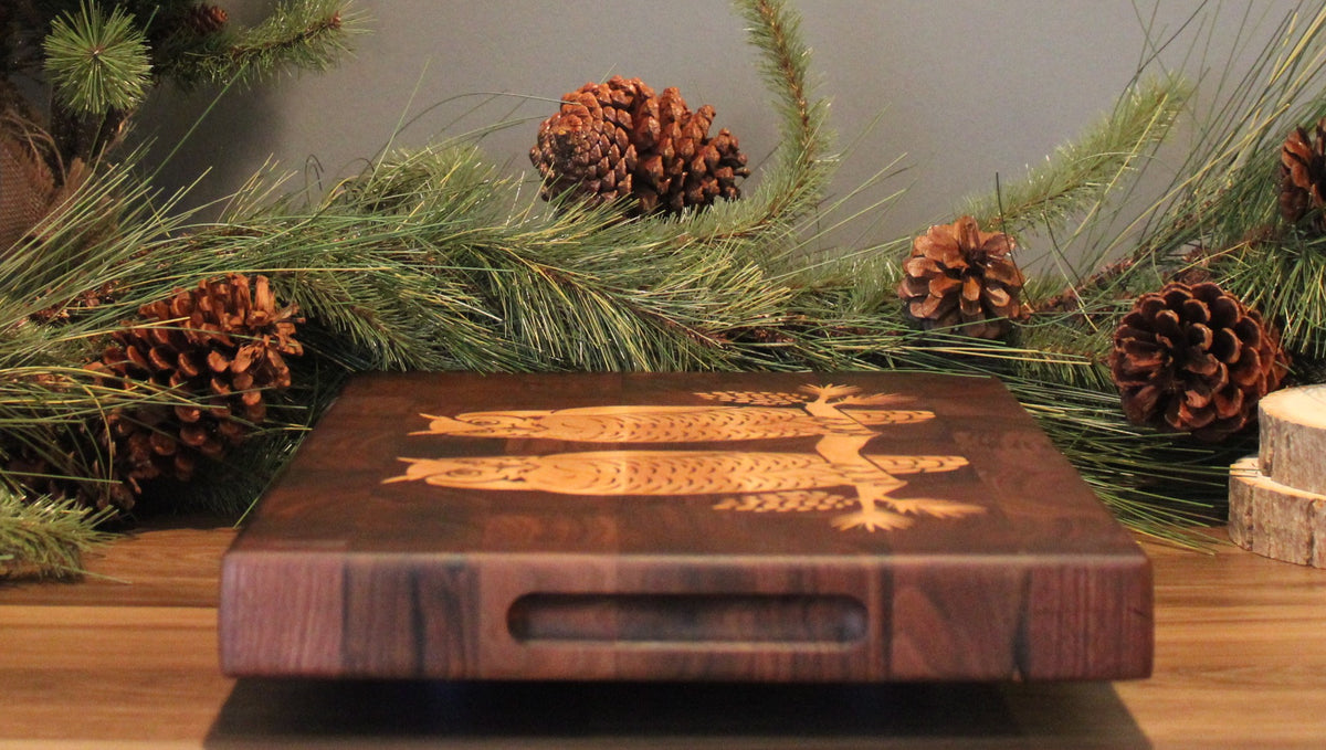 Great Horned Owls - Signature Walnut with Maple Inlay End-Grain Board